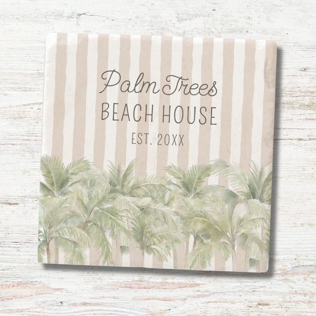 Posavasos De Piedra Palm Trees Tropicales Beige Stripes Beach House (In situ)