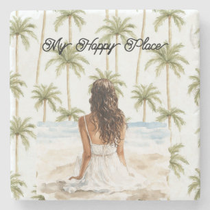 Posavasos De Piedra Palmeras Lugar Feliz Señora Pelo Castaño Vestido