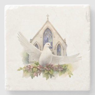 Posavasos De Piedra Paloma blanca con iglesia