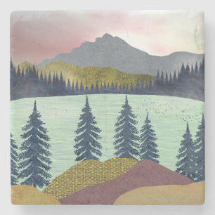 Posavasos De Piedra Panorama del Lago del cielo rojo