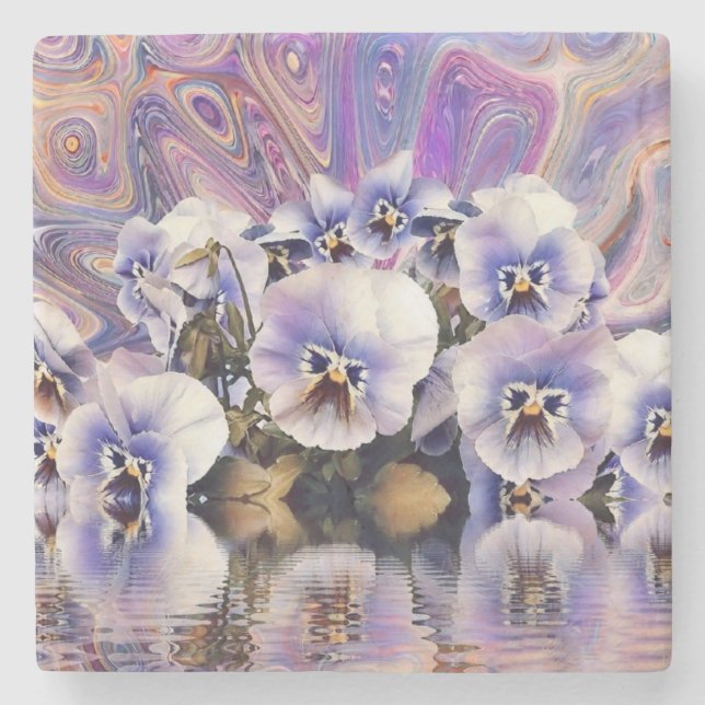 Posavasos De Piedra Pansias blancas rosadas púrpuras cerca de acuarela (Anverso)
