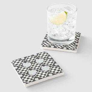 Posavasos De Piedra Pansy Blanco Y Patrón De Diamante Negro,