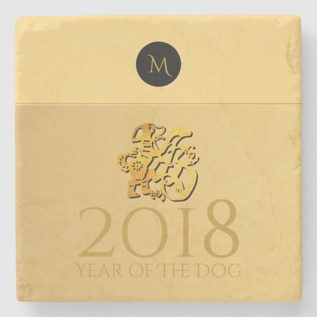 Posavasos De Piedra Papel de perro chino dorado 2018 Monograma C (Anverso)