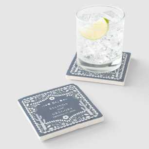 Posavasos De Piedra Papel Picado Boda Mexicana Rústica Azul Boda