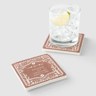Posavasos De Piedra Papel Picado Boda Mexicana Terracota Marrón Boda