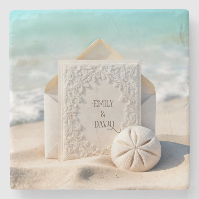 Posavasos De Piedra Papelería de Boda con Dólar de Arena de Playa (Anverso)