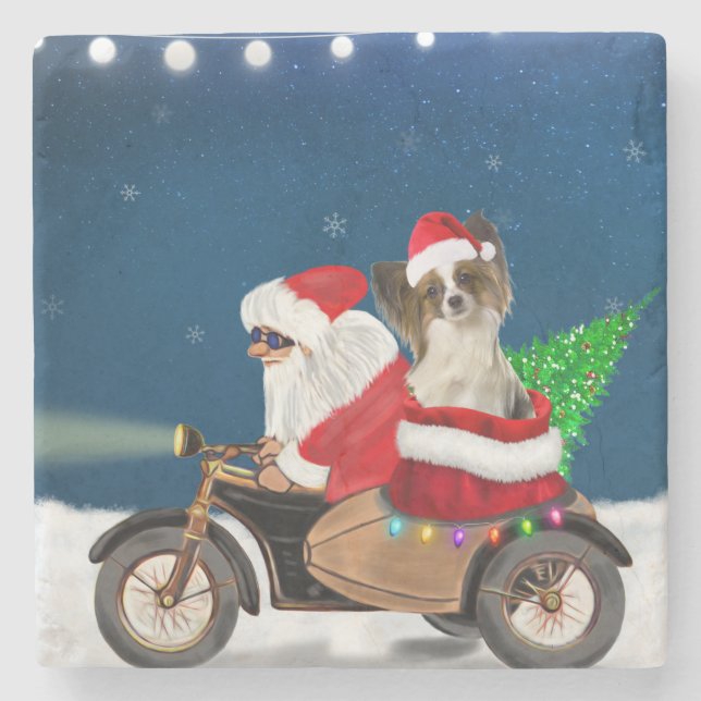 Posavasos De Piedra Papillon Dog Navidades Santa Claus (Anverso)