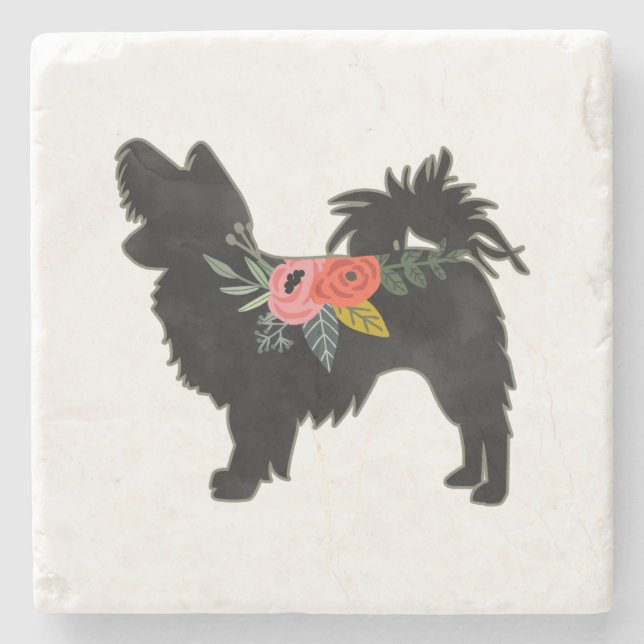 Posavasos De Piedra Papillon Toy Dog Raza Boho Floral Silhouette (Anverso)