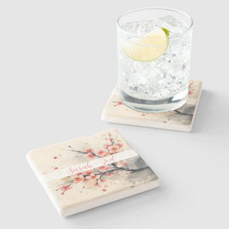 Posavasos de piedra para boda Sakura con acuarela 