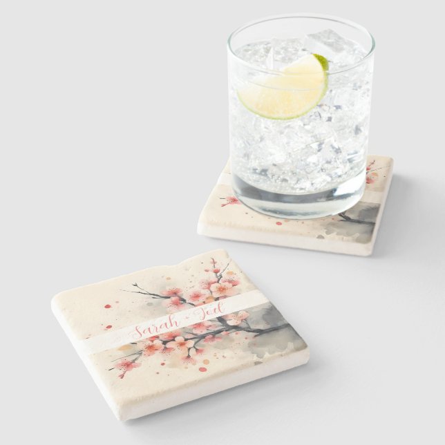 Posavasos de piedra para boda Sakura con acuarela  (Lateral)
