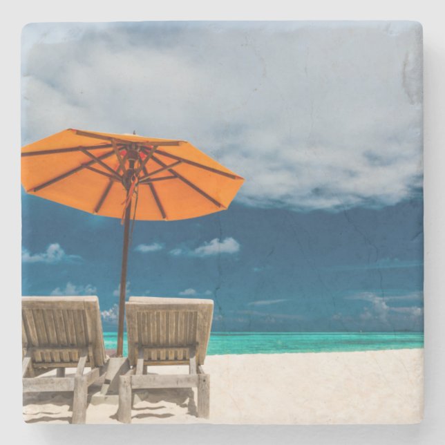 Posavasos De Piedra Paraguas de Sun en la playa de Sandy |Maldives (Anverso)