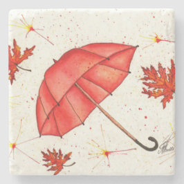 Posavasos De Piedra Paraguas rojos luminosos y hojas rojas acuarela