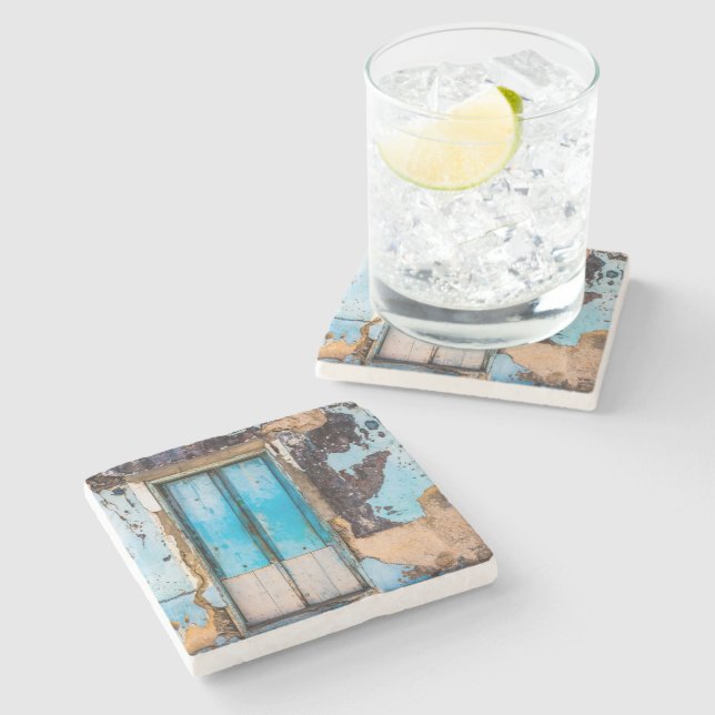 Posavasos De Piedra Pared azul y puerta (Lateral)
