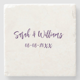 Posavasos De Piedra pareja boda. Nombre fecha púrpura simple mes mínim