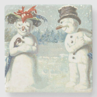 Posavasos De Piedra Pareja de muñecos de nieve en campo de nieve inver