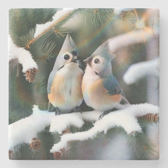 Posavasos De Piedra Pareja Tufted Titmouse (Anverso)