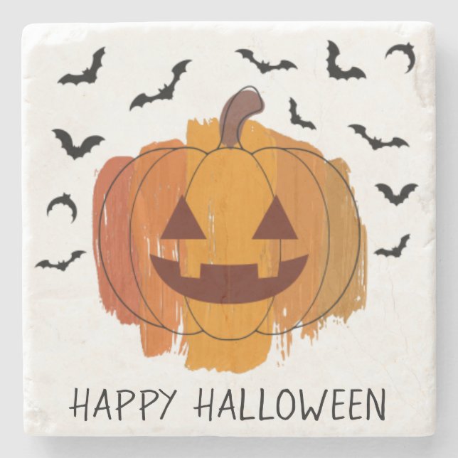 Posavasos De Piedra Pascua de Halloween con pincel Jack O Lantern (Anverso)