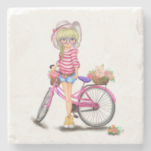 Posavasos De Piedra Pascua de piedra Chica rubia con bicicleta rosa