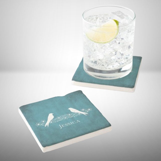 Posavasos De Piedra Pascua De Piedra De Vino Floral De Azulejos (Blue Lovebirds Floral Vine Stone Coaster)