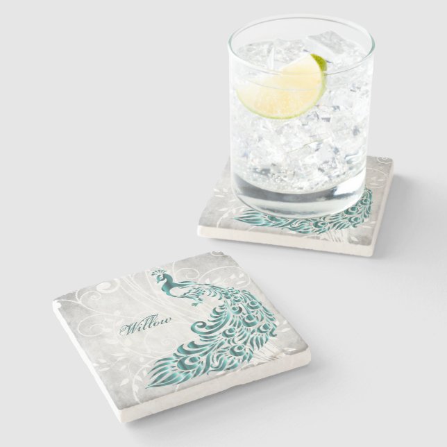 Posavasos De Piedra Pascua de piedra personalizada Peacock verde azula (Lateral)