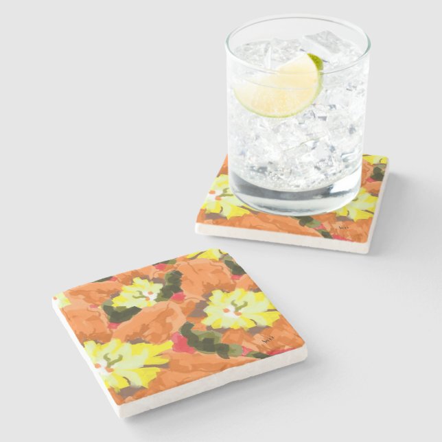 Posavasos De Piedra Pascua: Naranja y flores amarillas (Lateral)