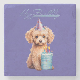 Posavasos De Piedra Pastel de cumpleaños de caniche de juguete adorabl