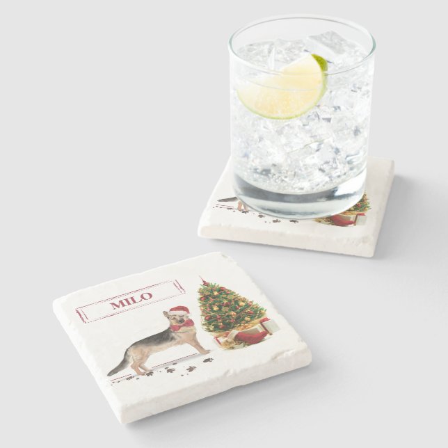 Posavasos De Piedra Pastor alemán Navidades graciosos perro con árbol (Lateral)