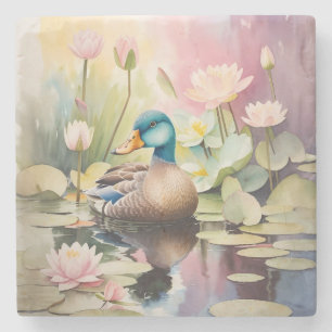 Posavasos De Piedra Pato de pintura acuarela sobre un estanque