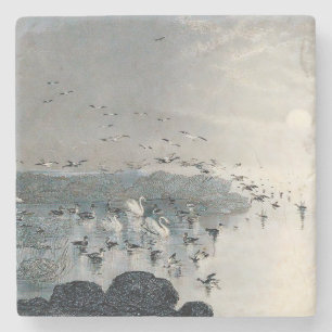 Posavasos De Piedra Patos, pajares y cisnes en el lago al atardecer
