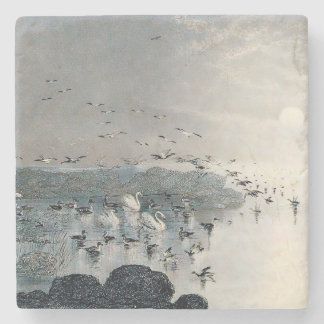 Posavasos De Piedra Patos, pajares y cisnes en el lago al atardecer