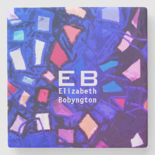 Posavasos De Piedra Patrón abstracto de color morado azul monograma
