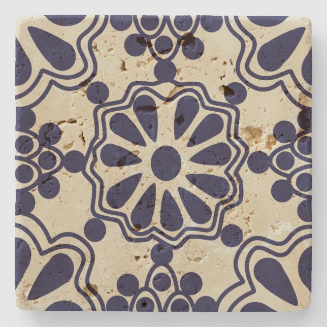 Posavasos De Piedra Patrón Antiguo Azul Blanco Azul Blanco Sudoeste (Anverso)