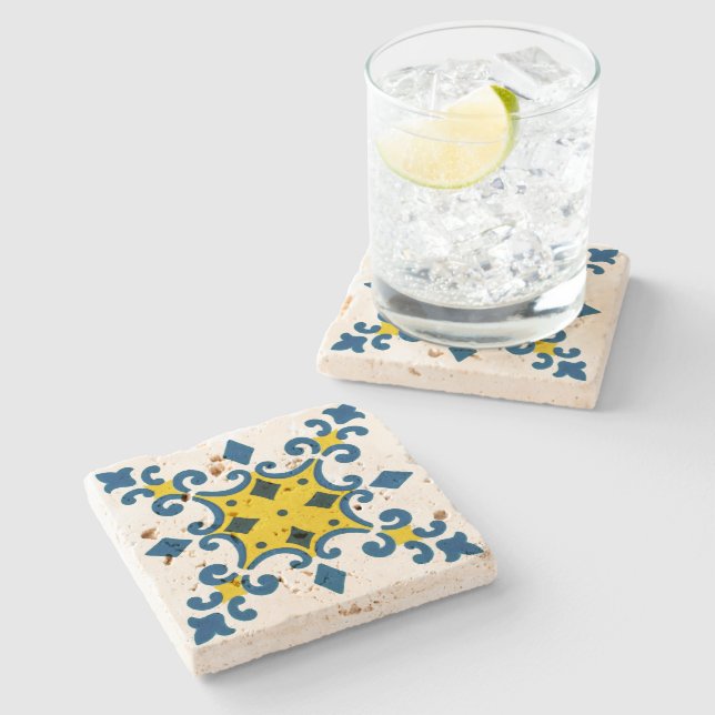Posavasos De Piedra Patrón Azulejo De Flor Amarillo Azul (Lateral)