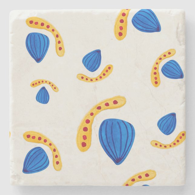 Posavasos De Piedra Patrón boho  pintado a mano amarillo y azul (Anverso)