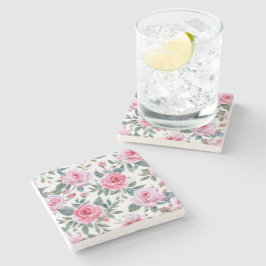Posavasos De Piedra Patrón de acuarela Cottagecore floral de rosa rosa