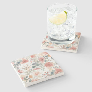 Posavasos De Piedra Patrón de Acuarela Floral Jardín Coral Rubor