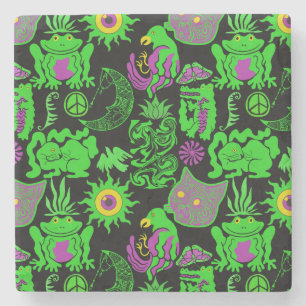 Posavasos De Piedra Patrón de animales psicodélicos Negro BG