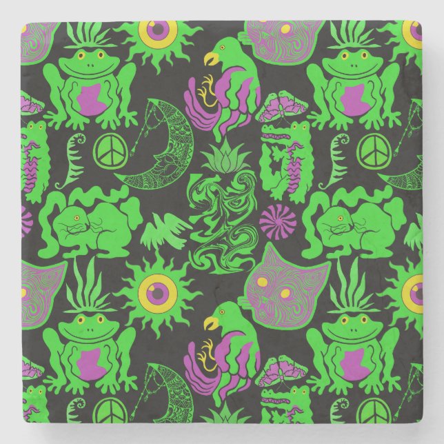 Posavasos De Piedra Patrón de animales psicodélicos Negro BG (Anverso)