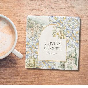 Posavasos De Piedra Patrón de baldosas mediterráneo oliva amarillo azu