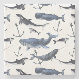 Posavasos De Piedra Patrón de ballena y ancla acuarela