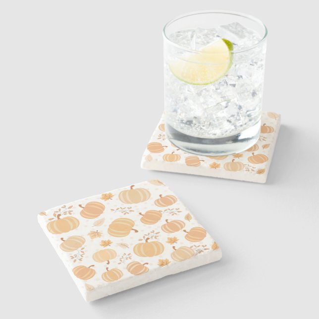 Posavasos De Piedra Patrón de calabaza de otoño y pasto de hoja (Lateral)