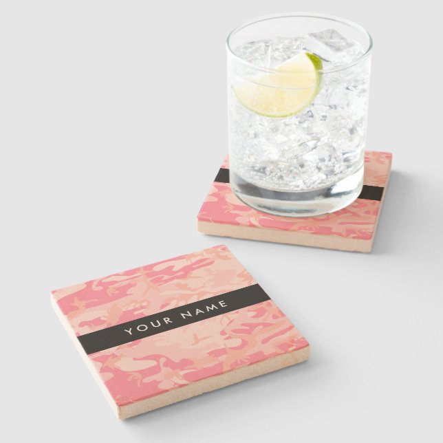 Posavasos De Piedra Patrón de camuflaje rosado, nombre, personalizació (Lateral)