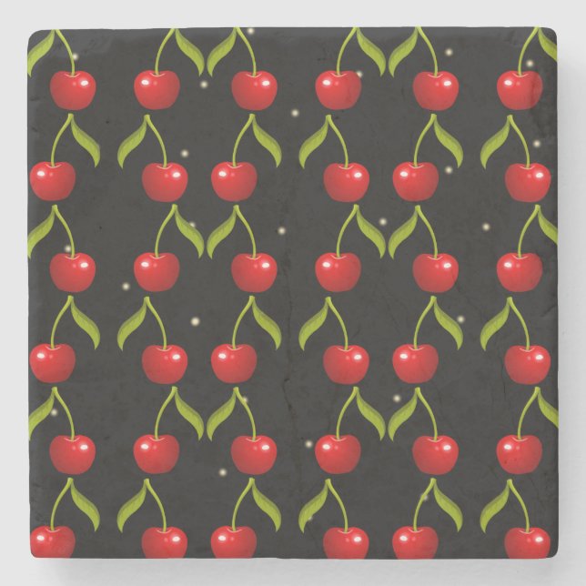 Posavasos De Piedra Patrón de cerezas brillantes (Anverso)