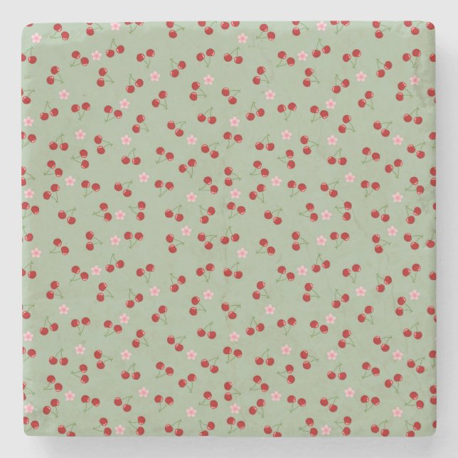 Posavasos De Piedra Patrón de cerezas en fondo verde (Anverso)