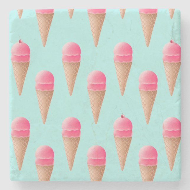 Posavasos De Piedra Patrón de cono de helado de fresa rosa (Anverso)