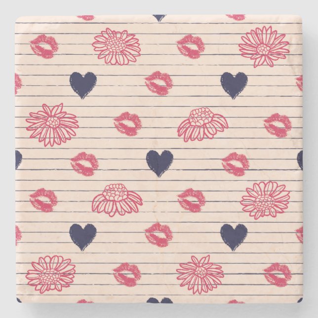 Posavasos De Piedra Patrón de corazones rojos, labios, margaritas. (Anverso)