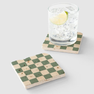 Posavasos De Piedra Patrón de cuadros verde y crema sofisticado