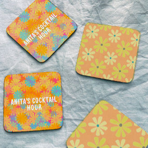 Posavasos De Piedra Patrón de daisies de Naranja amarillo retro 70