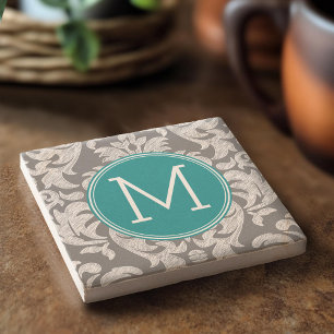 Posavasos De Piedra Patrón de damasco gris y azul turquesa Chic con mo