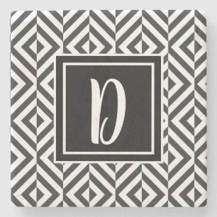 Posavasos De Piedra Patrón de diamante en negro y blanco con monograma